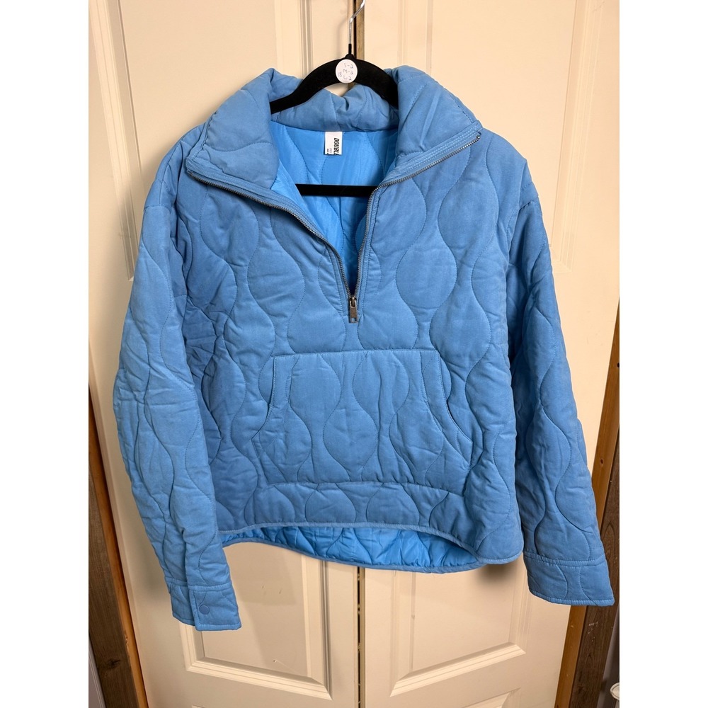 Double Zero Women Blue Quilted Quarter Zip Pullover Jacket Kangaroo Pocket Med